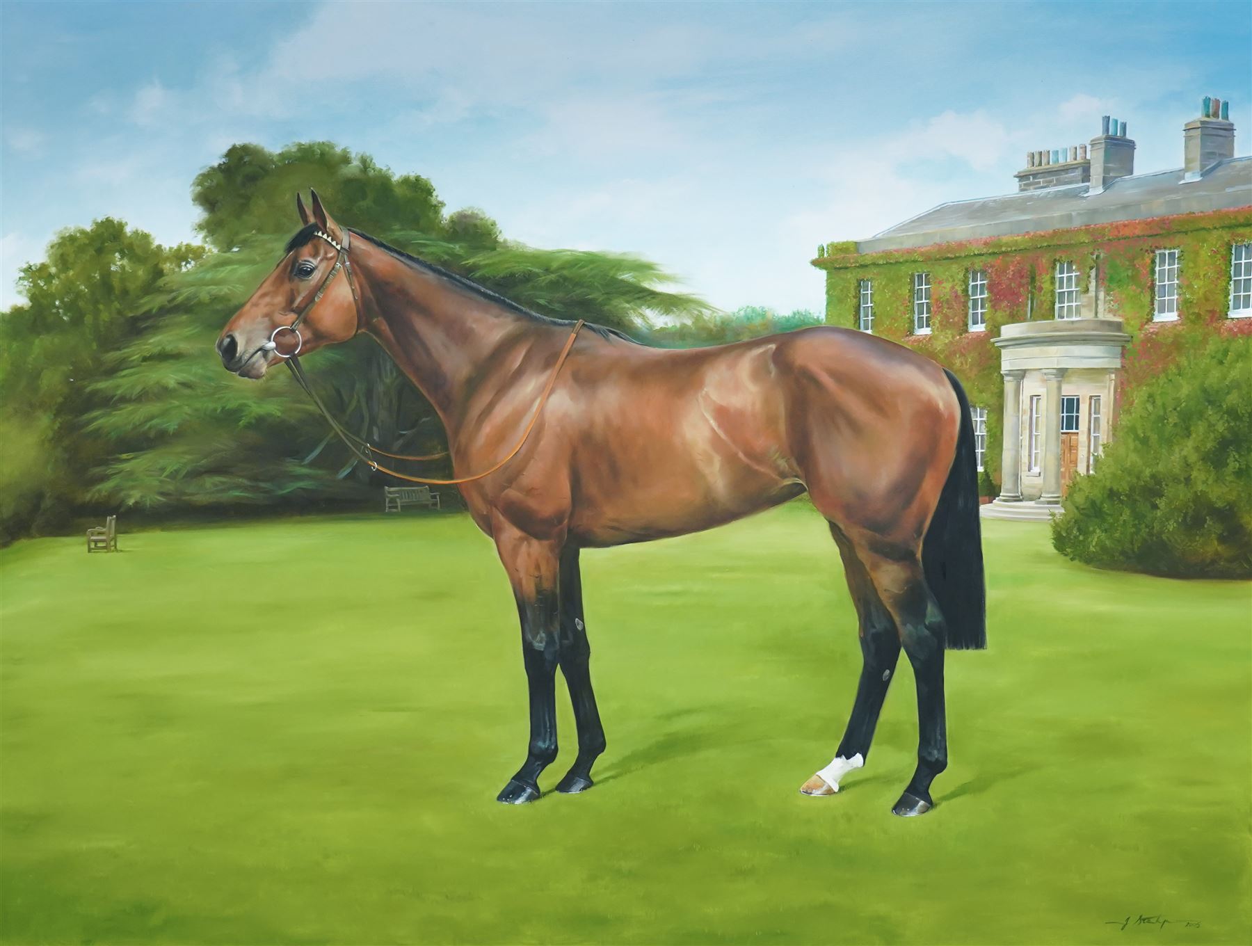 Jacqueline Stanhope (Scottish 1963-): 'La Cucaracha' a Bay Racehorse with Copgrove Hall Beyond, oil on canvas signed and dated 2005, 100cm x 136cm
Notes: La Cucaracha was owned by Guy Reed and bred at Copgrove Hall, she was a specialist sprinter trained at Lambourn by Barry Hills. La Cucaracha secured a Group One success in 2005 in the Nunthorpe Stakes at York.