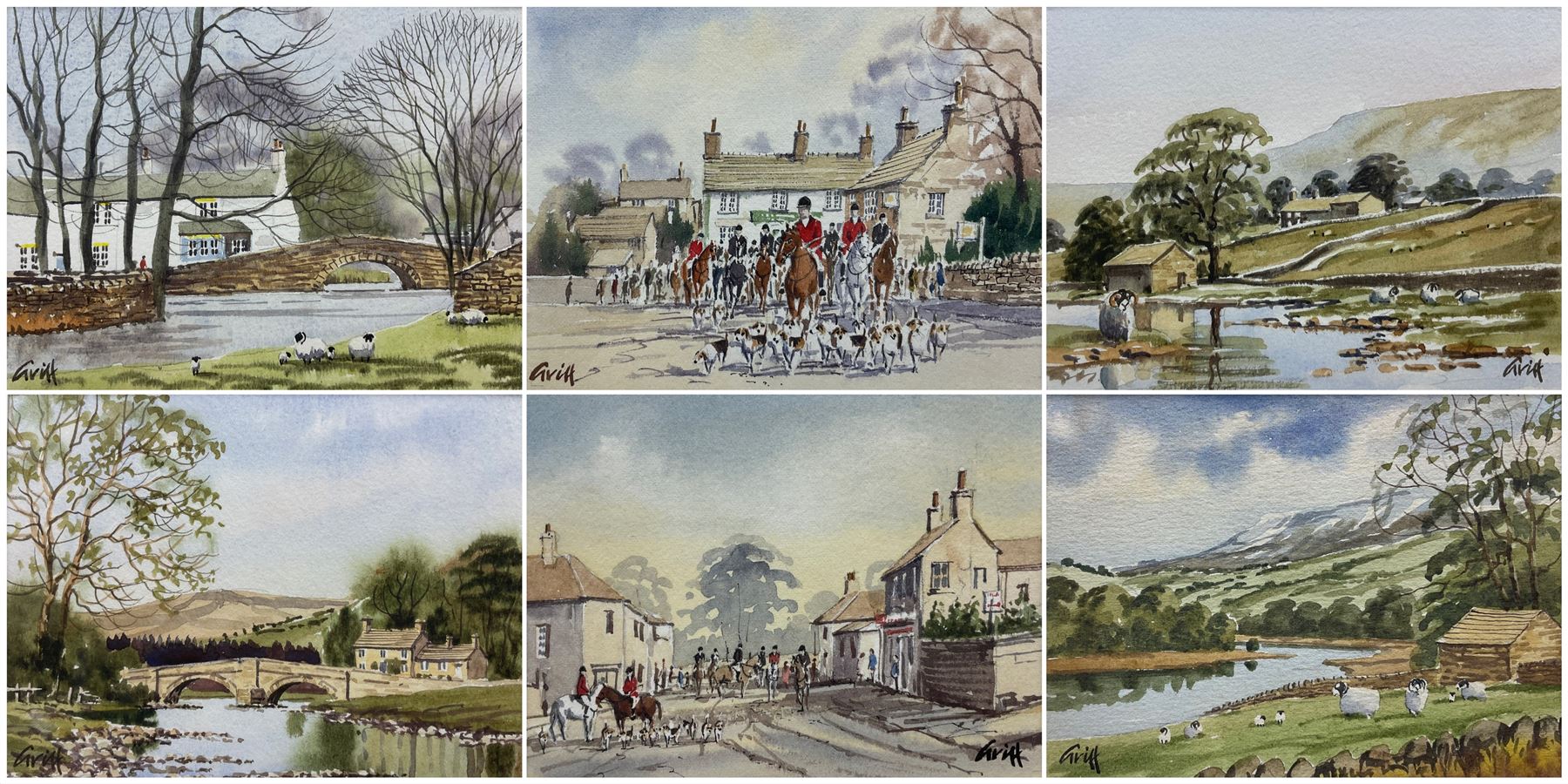 George 'Griff' Griffiths (British 1939-2017): Yorkshire Moors and Hunting Scenes, set six miniature watercolours signed 10cm x 13cm (6)