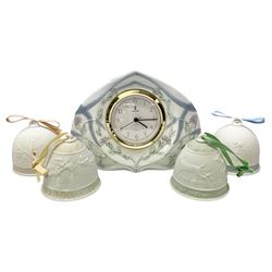 Lladro Segovia Clock no 5655, together with four Lladro bells, Autumn bell no 17615, Winter bell no 17616, Xmas bell 1988 no 15525 and Xmas bell 1989 no 15616, all with original boxes 