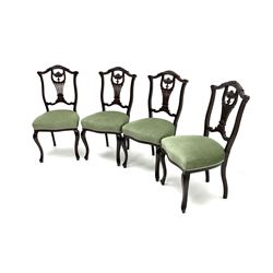 Set four Edwardian mahogany chairs, carved cresting rail, pierced splat, upholstered in light green fabric, cabriole supports 