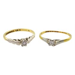 Two 18ct gold single stone diamond rings, one hallmarked, the other stamped