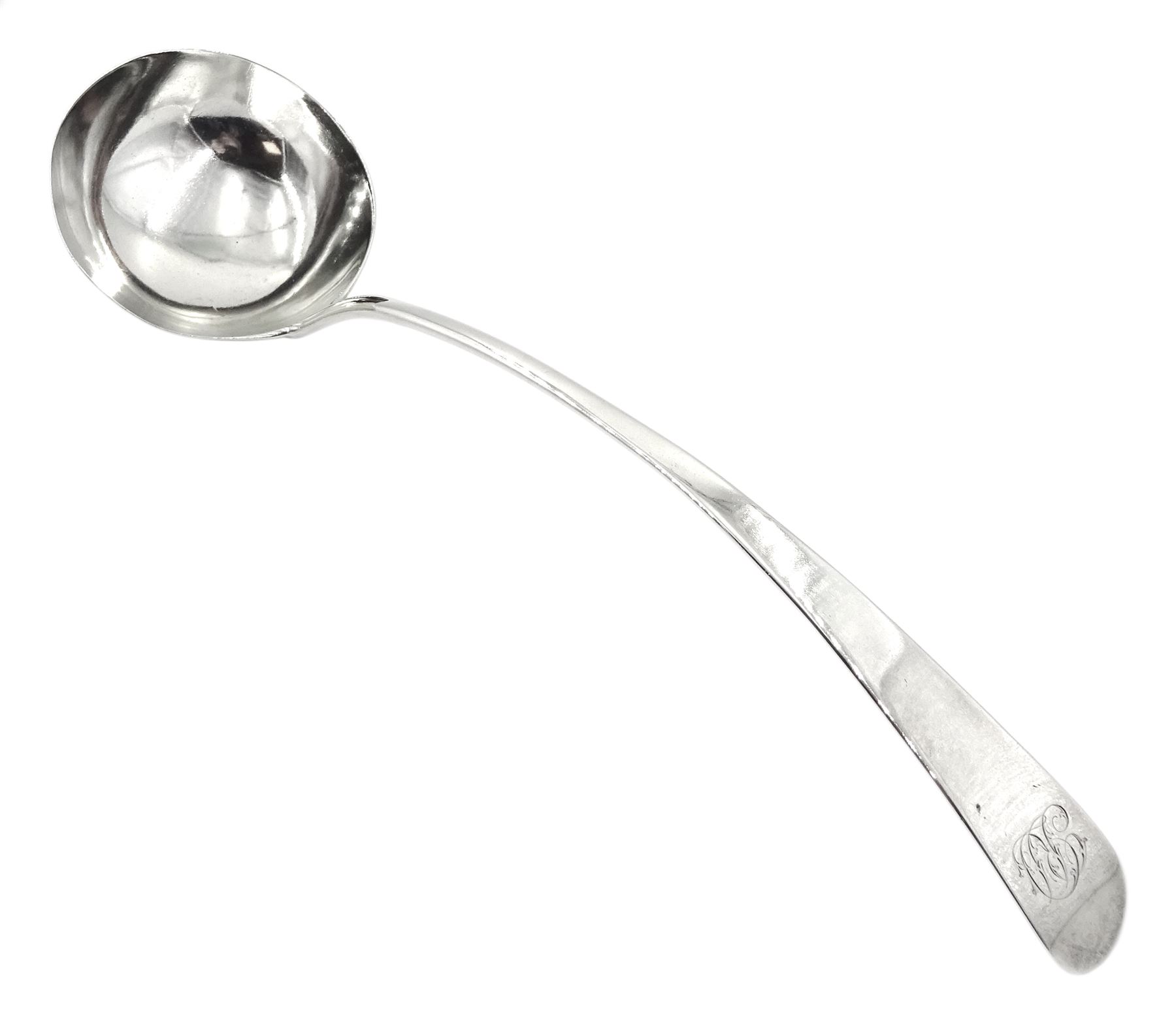George III silver Old English pattern ladle, with engraved monogram to terminal, bottom struck, hallmarked John Lambe, London 1780, approximate silver weight 5.59 ozt (174 grams)
