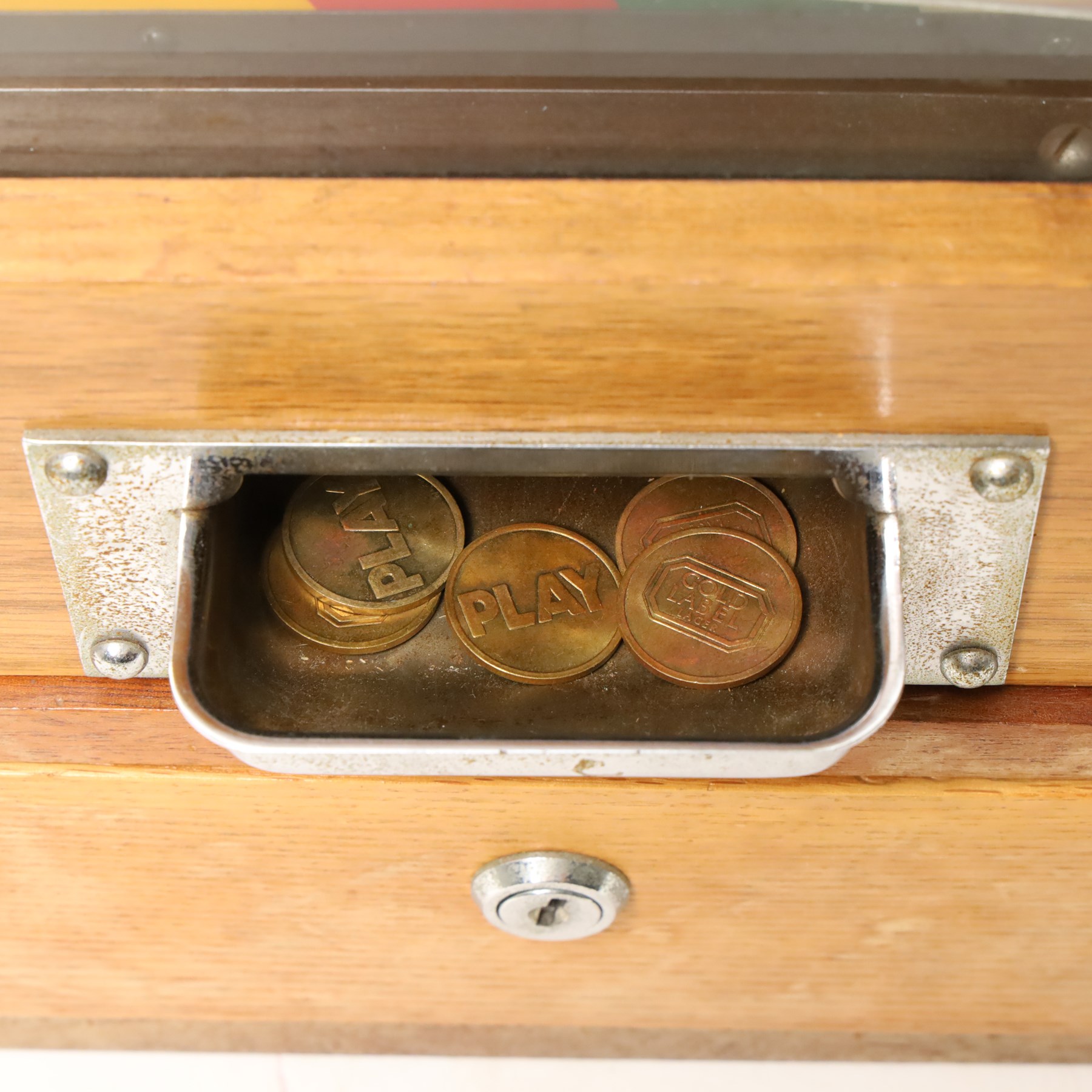 Bryans Elevenses penny slot arcade machine with wooden case and chrome fittings, working, H64cm W45cm