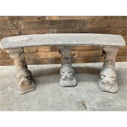 Cast stone four piece curved Dolphin bench, set with three dolphin pillars, curved rectangular slab top with detailed border