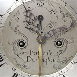 18th century longcase clock movement, the steel and brass dial inscribed Porthouse, Darlington, eight day with moon roller and centre calendar, seconds ring 44cm x 31cm