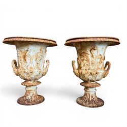 Andrew Handyside - pair of 19th century best quality cast iron garden urns, individually detailed in relief Allegorical Figures and Helaldic Swans, campagna form with twin handles, detail under rim, raised on circular fluted base