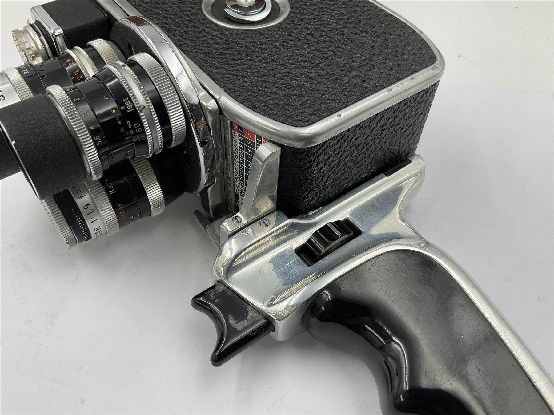 Paillard Bolex D8L STD 8mm cine camera body, serial no. 831223, with 'Paillard Switar 1:1.8 f=36mm AR' lens, serial no. 769123, Paillard Yvar 1:1.8 f=13mm AR' lens, serial no. 782154 and Paillard Pizard 1:1.9 f=5.5mm AR' lens, serial no. 717045, in leather carry case