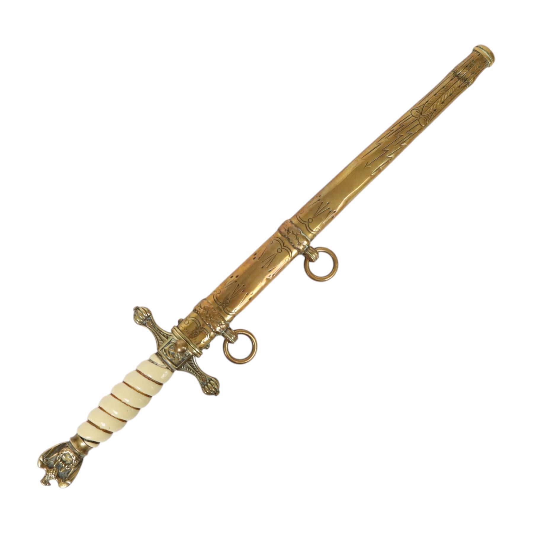 WWII Third Reich Kriegsmarine naval dirk, L25cm double fullered engraved blade, the ricasso marked Eickhorn, Solingen, ivorine celluloid handle and brass scabbard, L42cm