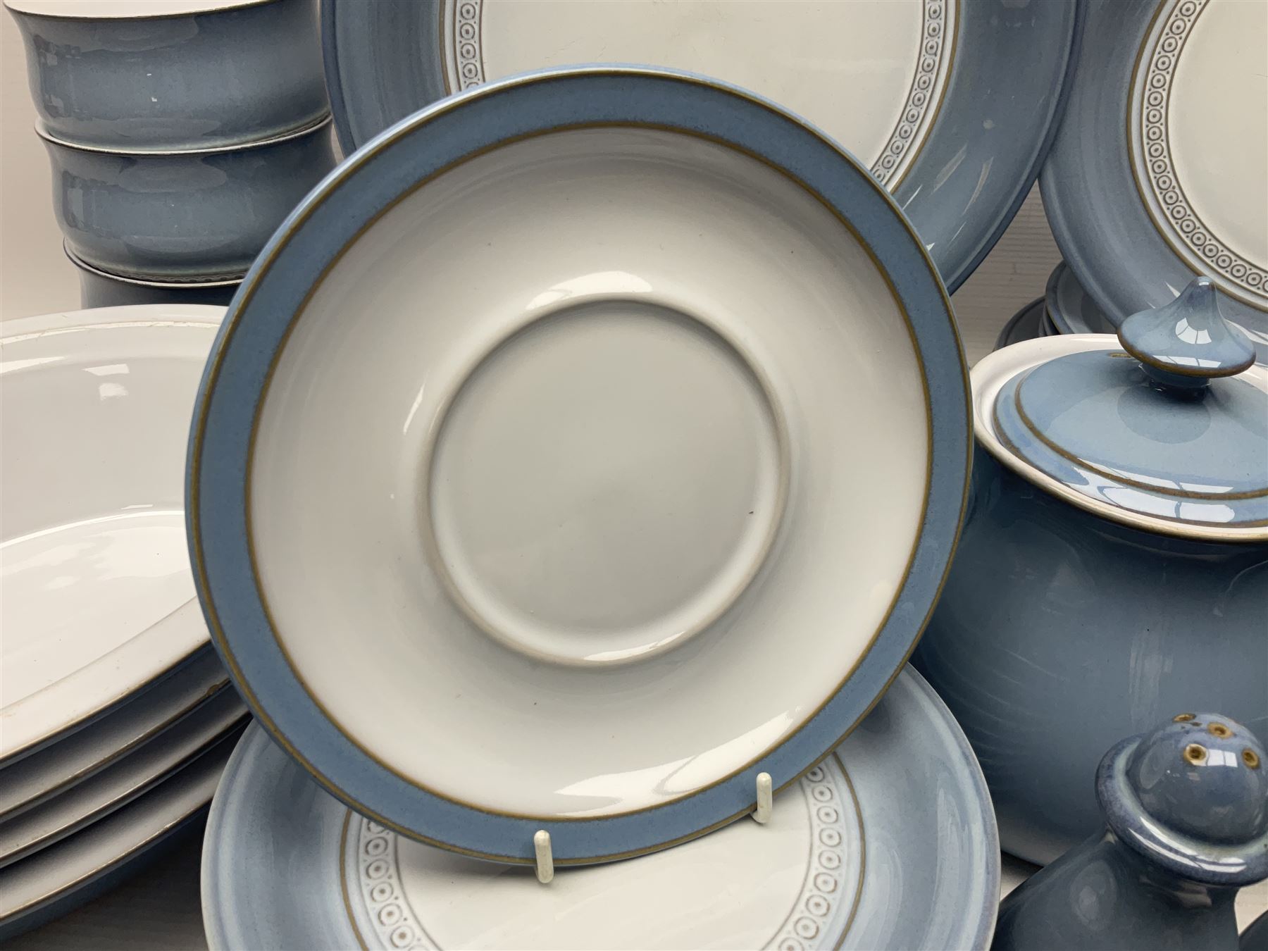 Denby Castile part tea and dinner service, including teapot, eight dinner plates, nine cups and saucers, nine side plates etc