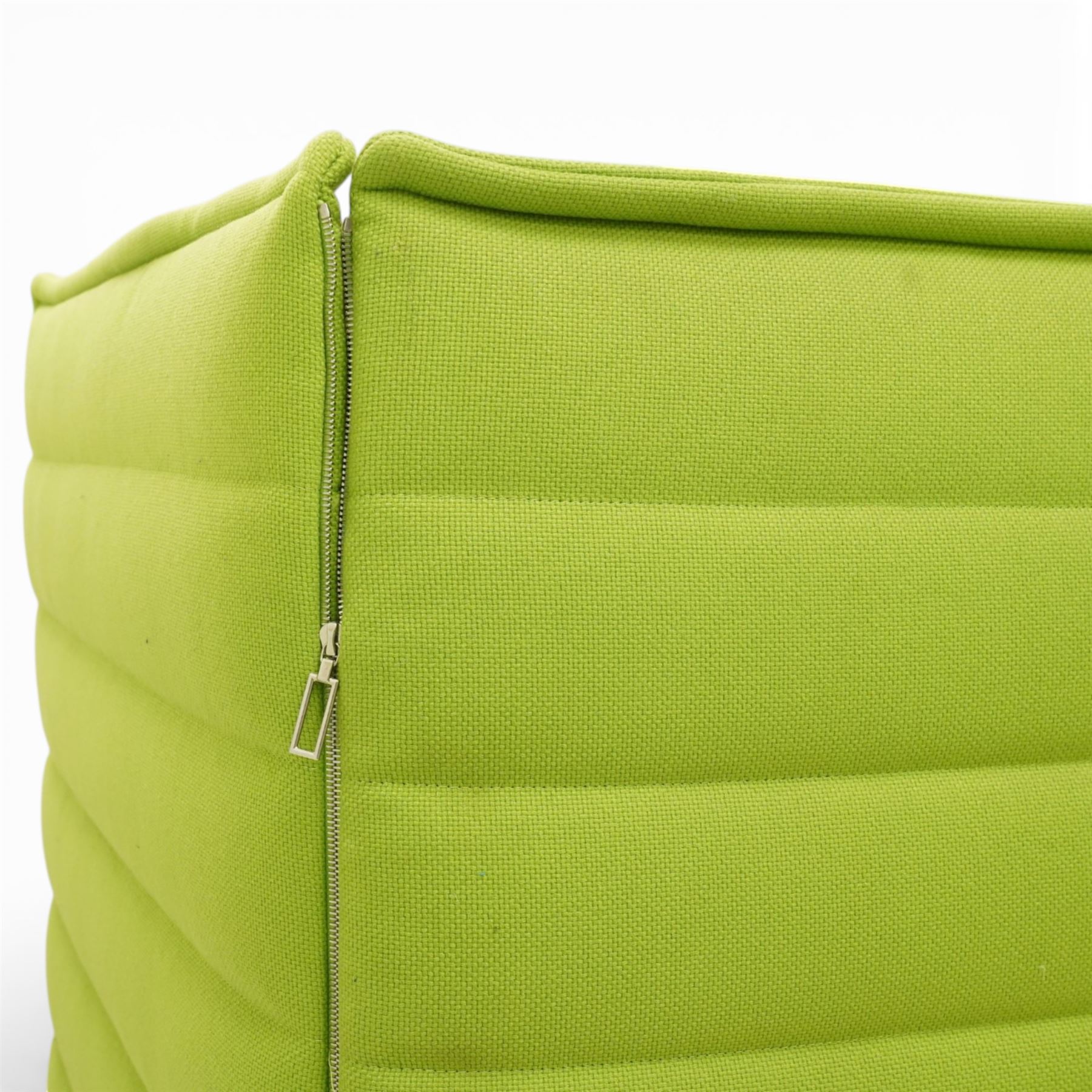 Ronan and Erwan Bouroullec (1971- ; 1976-) - Vitra ‘Alcove’ sofa, with high winged sides and back upholstered in green ‘Credo’ fabric with horizontal channel detailing, fitted seat cushion and scatter cushion, on chrome tubular frame supports