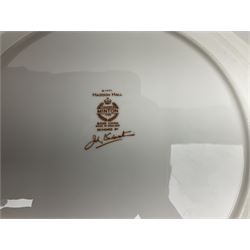 Minton Haddon Hall pattern tea and dinner wares, including basket dish, two covered tureens, six dinner plates, eight dessert plates, twelve tea plates, six soup bowls, six cereal bowls, teapot, coffee pot, milk jug, covered sucrier twelve tea cups and saucers, six mugs, footed bon bon dish, pair of candlestick holders, cake knife and slice etc (81)