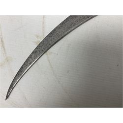 Late 19th/early 20th century Moroccan nimcha dagger-sword, the 40cm curving steel blade with engraved decoration on both sides; shaped hardwood hilt inlaid with brass, white metal wires and red coloured panels; in similarly inlaid scabbard L61cm overall