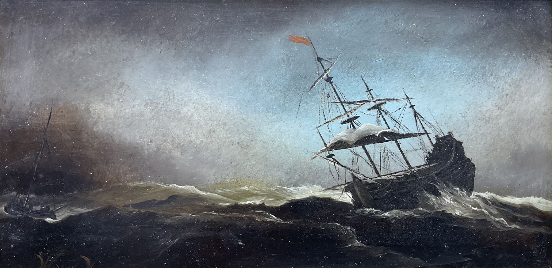 Style of Willem van de Velde the Younger (Dutch 1633-1707): Ship in Storm Conditions, oil on panel bearing initials 8cm x 16cm
