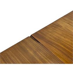 George III mahogany sofa table, rectangular drop-leaf top with reed moulded edge and rounded corners, fitted with two frieze drawers and two opposing false drawers, quadruple collar turned pillar supports on turned and block platforms, splayed and moulded supports with brass cups and castors 