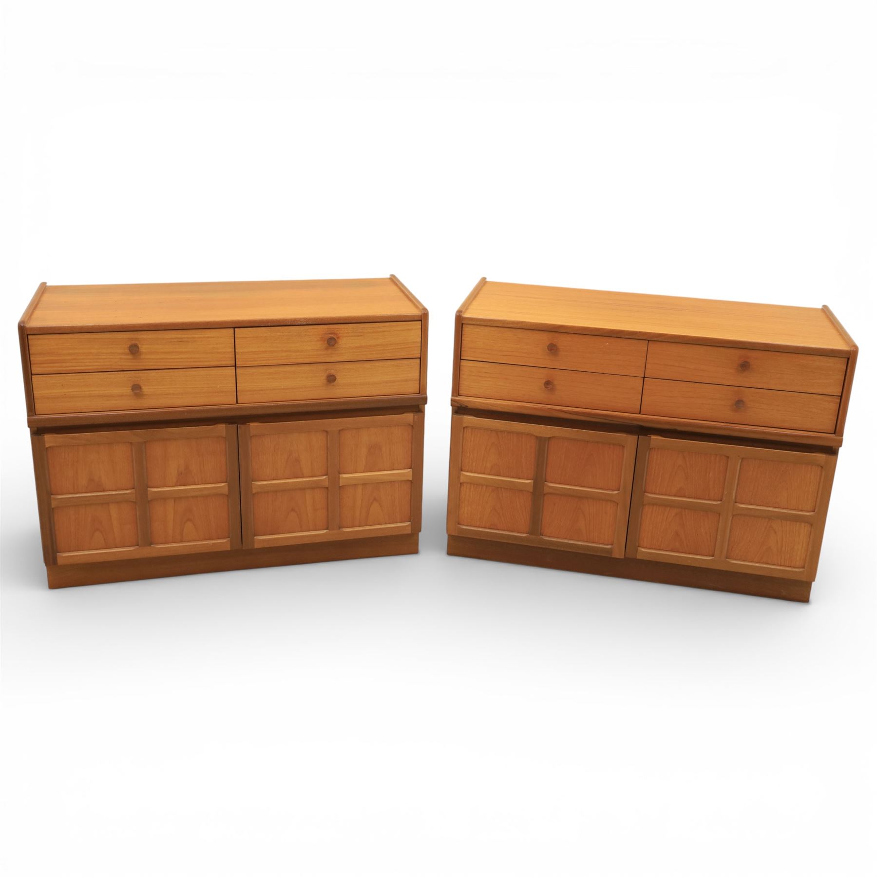 Nathan - 'Squares' pair of sideboards, rectangular top over four short drawers, above signature square panelled cabinet doors on a recessed plinth base