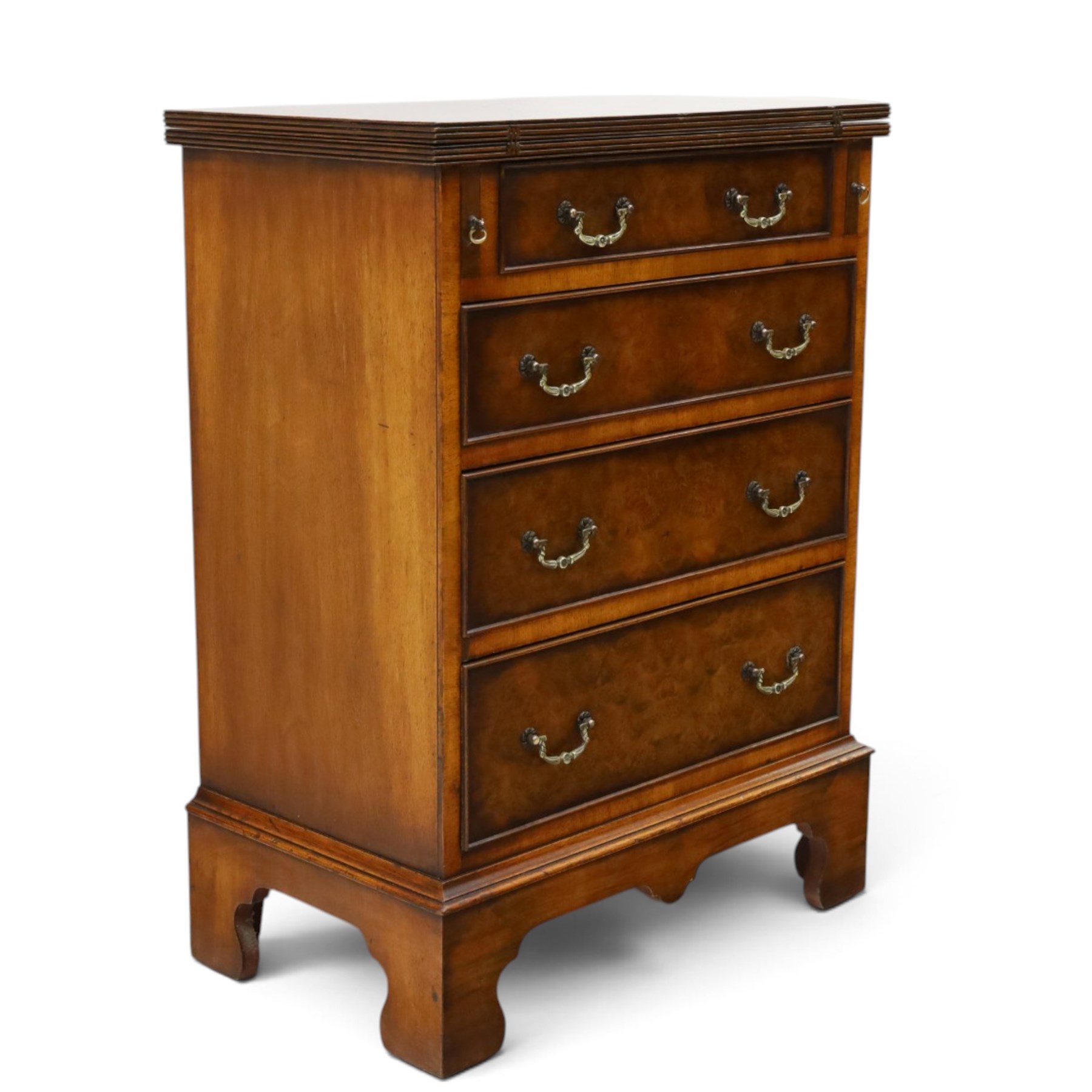 Reprodux - Georgian design figured and burr walnut bachelors chest, rectangular hinged-fold over top with reeded edge supported by stays, over four long graduating cock-beaded drawers, lower moulded edge on bracket feet