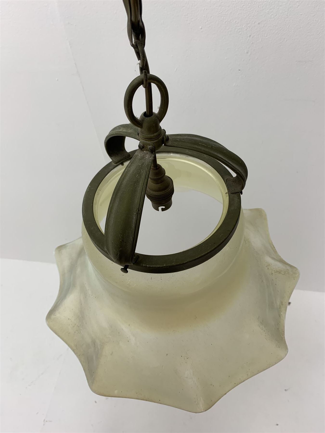 Large early 20th century Vaseline glass shade, with frilled rim and brass mount, rim D38cm
