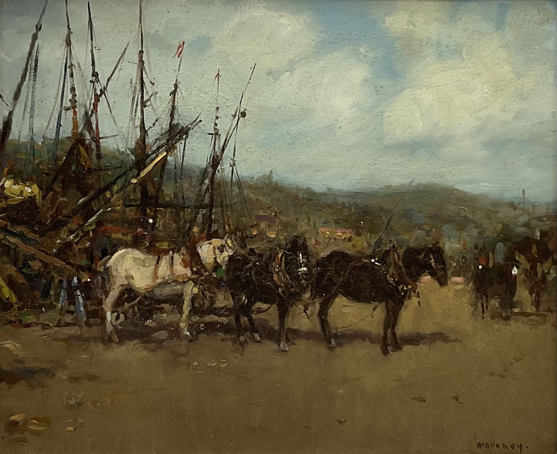 Ken Moroney (Anglo Irish 1949-2018): Working Horses and Boats on the Beach, oil on board signed 24cm x 29cm 