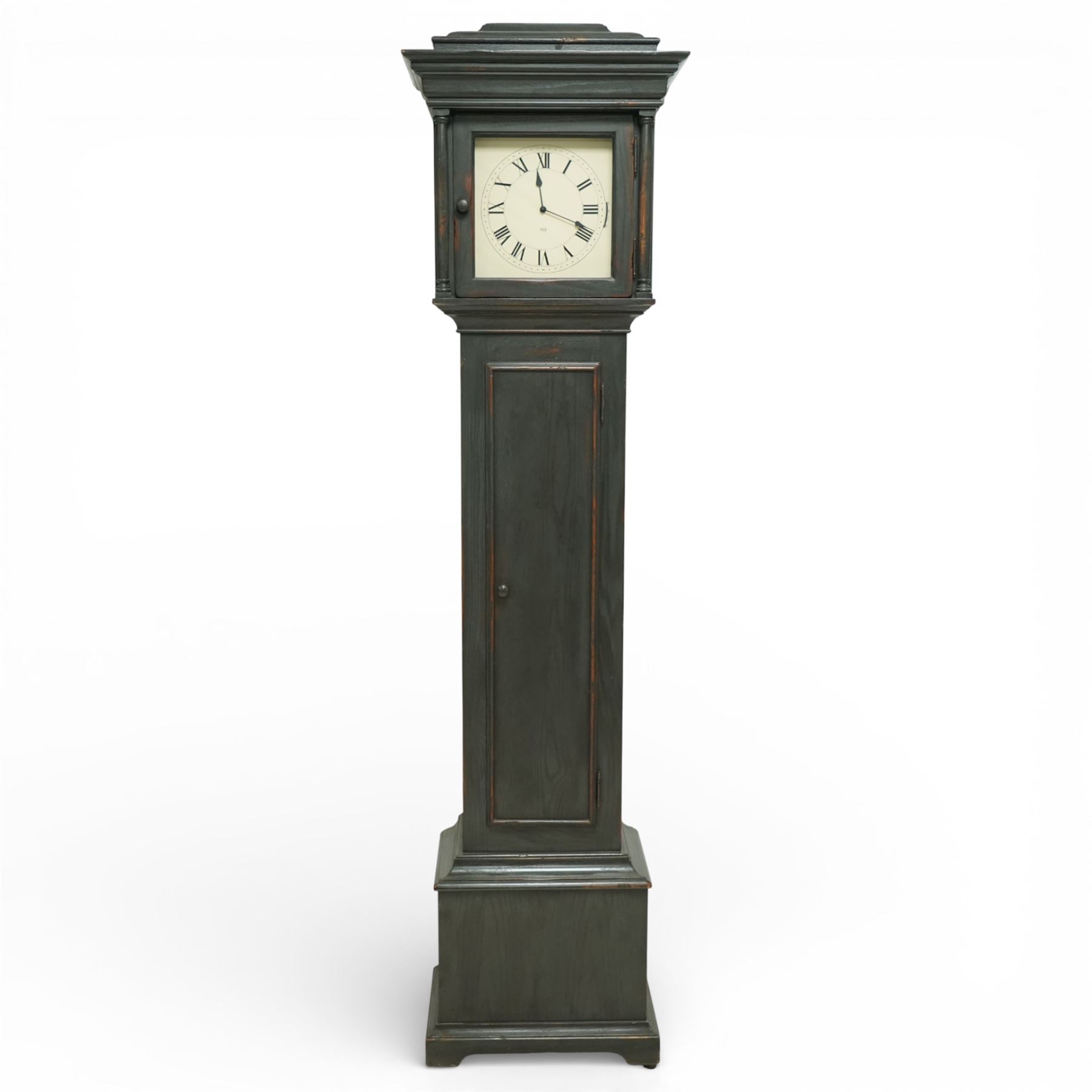 20th century Sligh longcase clock, the painted rectangular case with stepped and moulded hood enclosing a square painted dial with Roman numerals and spade hands, the trunk with single panelled door and moulded plinth base, the eight day weight driven movement with brass plates, chain driven train, anchor escapement and outside countwheel striking mechanism, issuing on a series of tuned rods with pendulum and brass cased weights
