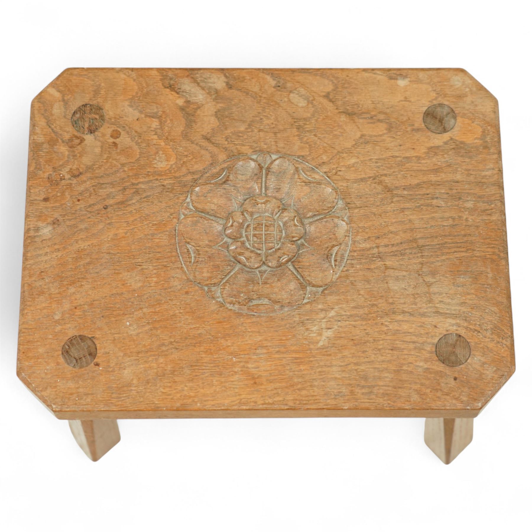 Judith Pearson - contemporary Yorkshire oak stool, rectangular chamfered top with adzed surface, centered by a carved Tudor rose, raised on square chamfered out swept legs 