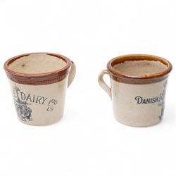 Port Dundas, Glasgow stoneware butter crock inscribed 'Danish Dairy Co.' with loop handle and dipped brown top and another 'Maypole Dairy Co. Ltd.' each H12.5cm (2)