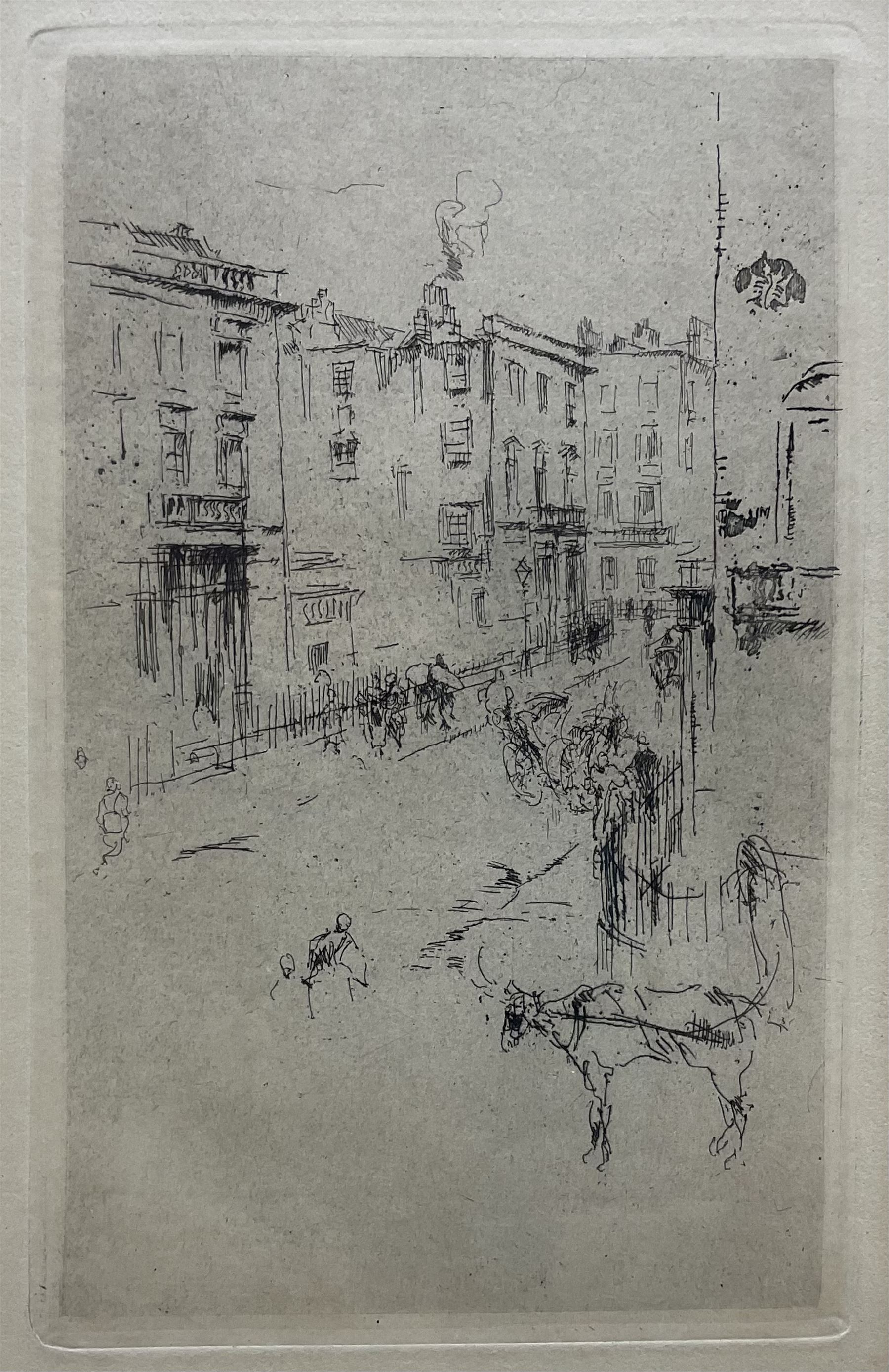 James Abbott McNeill Whistler PRBA (American 1834-1903): 'Alderney Street', drypoint etching signed in the plate with butterfly monogram 20cm x 13cm; 'Study' - Standing Figure, facsimile lithograph, after the original in the Metropolitan Museum of Art 23cm x 15cm (2)