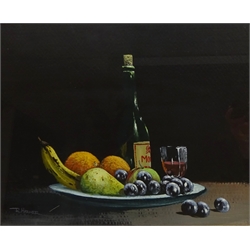  Still Life of Fruit and Wine, gouache signed by Royce Harmer 39.5cm x 49.5cm and Still Life of Violin, watercolour signed and dated (19)46 by Norman Gedling unframed 34cm x 44cm (2)    