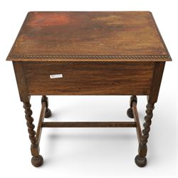 Early 20th century oak cased canteen on barleytwist stand, hinged top with fitted baized lined interior, above a drawer fitted for cutlery