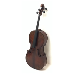  Mid-19th century German cello with 76cm two-piece maple back and ribs and spruce top, bears label Franz Janisch, Wein, VII Neubrugasse 184(?), 124cm overall, in modern soft carrying case   