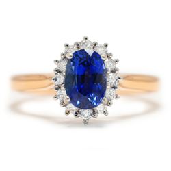 18ct rose gold sapphire and diamond cluster ring, single oval cut sapphire of approx 1.25 ...