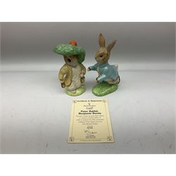 Collection of Beswick figures to include Beatrix Potter Squirrel Nutkin, Jemima Puddleduck, Spike and Tyke, Tom and Jerry, both boxed and with certificates, Chamois 1551 and Babycham 1615a (a/f) Beswick Ware Royal Douton Peter Rabbit and Benjamin Bunny, with certificate
(9)
