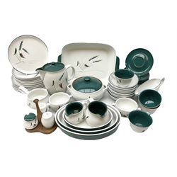 Denby Greenwheat pattern part dinner and tea service, to include six dinner plates, six side plates, six dessert plates, six bowls, four serving dishes of various sizes, teapot, two milk jugs etc (47)