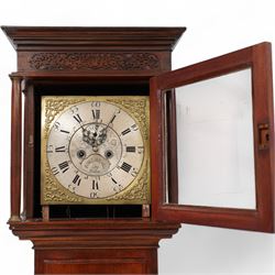Mahogany - 8-day longcase clock, with a flat pediment and blind fret frieze beneath, square hood door with detached freestanding pilasters, trunk with a flat topped door on a short plinth with applied skirting,  square brass dial with cast spandrels and a silvered chapter with Roman numerals and five-minute Arabic's, engraved dial centre with seconds dial and silvered cartouche inscribed 