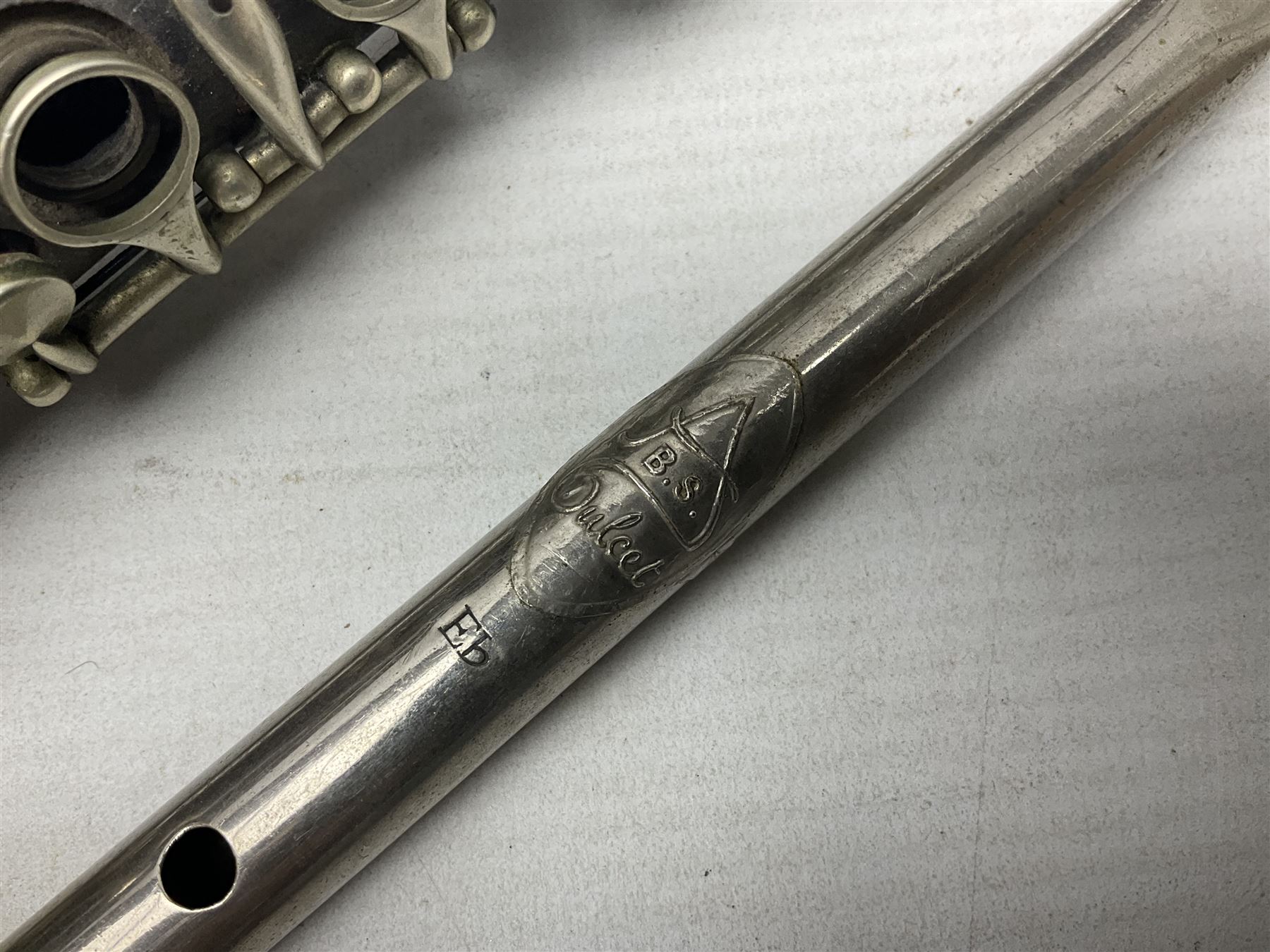 Disassembled early 20th century Boys Brigade snare drum D37cm with copy WW1 period photograph of the Kirbymoorside Boys Brigade; early 20th century hardwood clarinet; bagpipes chanter; and Dulcet E-flat penny whistle