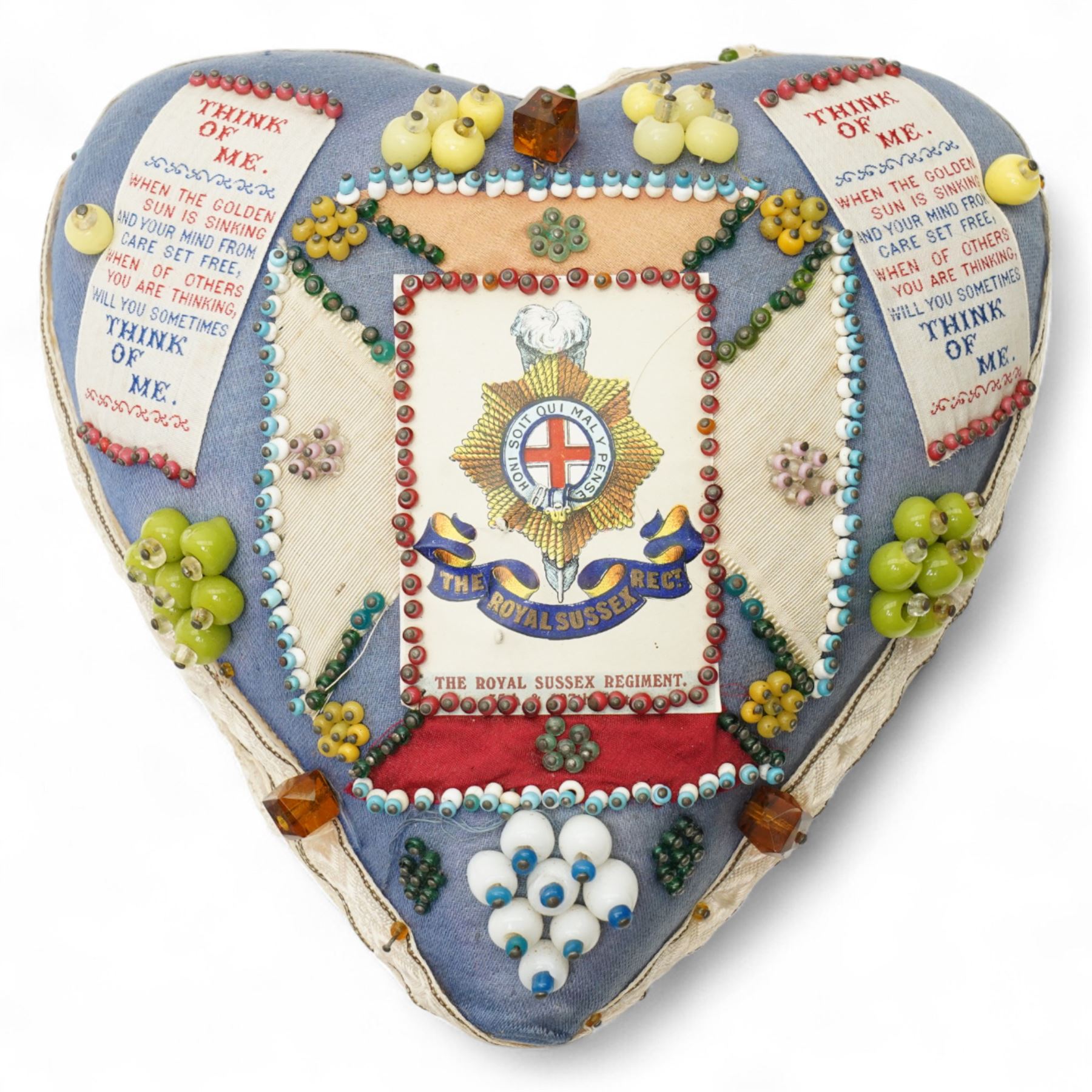 Victorian sweetheart pin cushion in the form of a star 'Forget Me Not, from Warley Barracks' 1889, a WWI heart shape cushion 'Essex Regiment' and another 'Royal Sussex Regiment' (3)