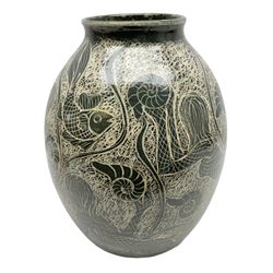 John Egerton (c1945-): studio pottery stoneware vase decorated with fish, mermaids and ammonites, H38cm
