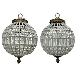 India Jane Interiors - pair of gilt metal and glass spherical ceiling light pendants, decorated with glass beads and pendants, foliage cast metal upper band, mounted by lower finial - ex-display/bankruptcy stock 