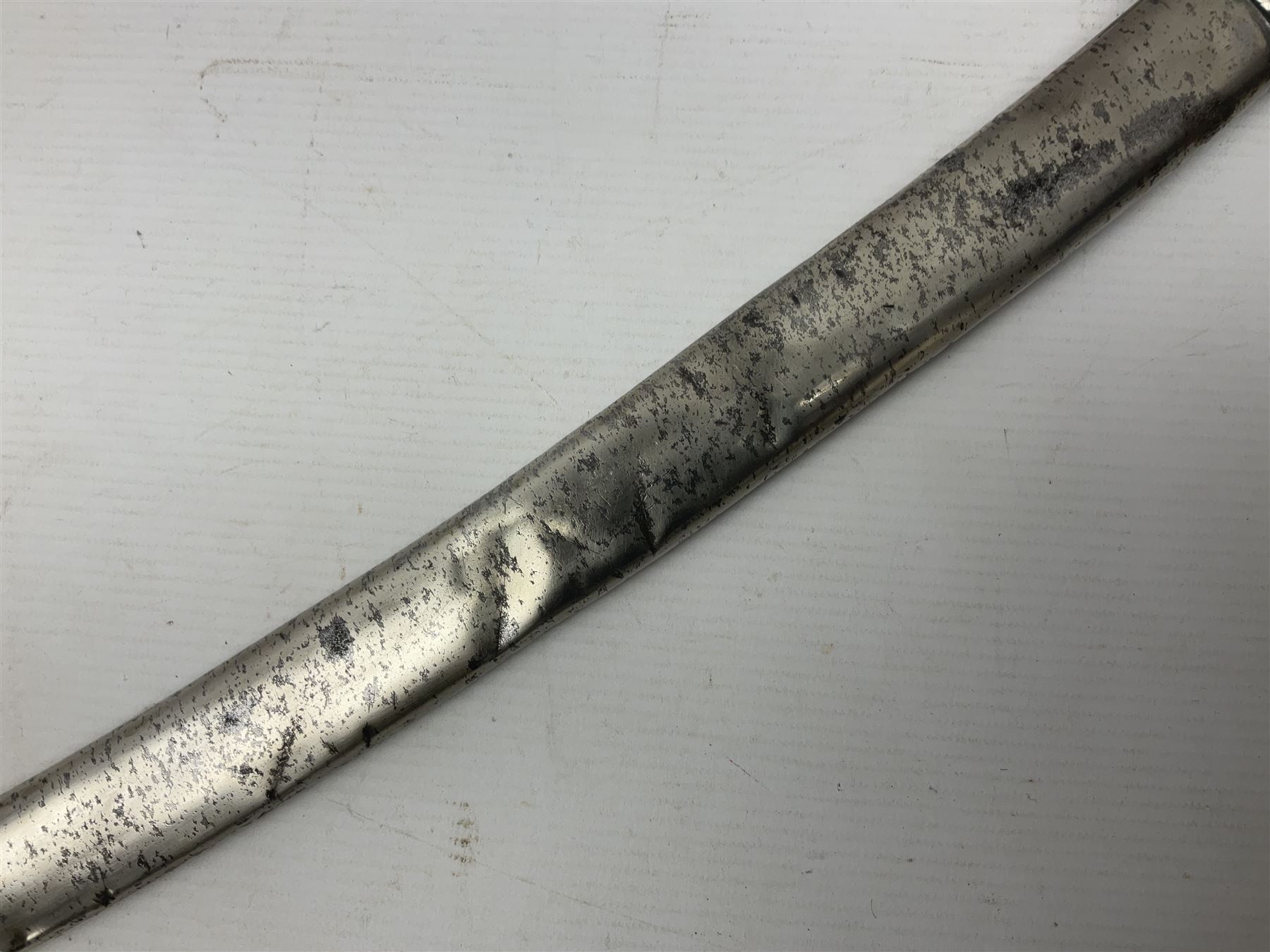 19th century Russian Imperial Navy sword, with 77.5cm curving fullered blade, brass three-bar hilt with lozenge shaped langets and wire-bound leather grip; in polished steel scabbard with one suspension ring L97cm overall