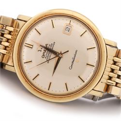Omega Constellation gentleman's gold-plated and stainless steel automatic chronometer wristwatch, Ref. 168.004, Cal. 561, champagne dial with baton hour markers and date aperture, on Omega gold-plated bracelet, with fold-over clasp 
