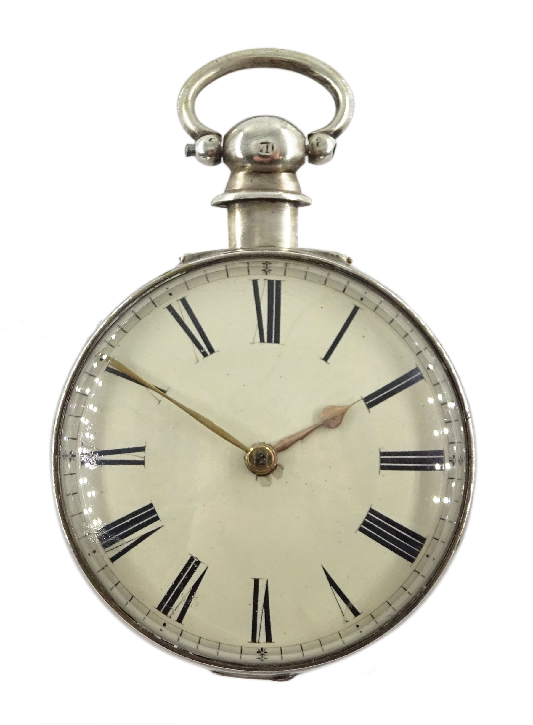 Victorian silver pair cased pocket watch by William Smith, Huddersfield, No. 533, round pillars, pierced and engraved balance cock decorated with a mask, cream enamel dial with Roman numerals, case by Vale & Rotherham, Birmingham 1835