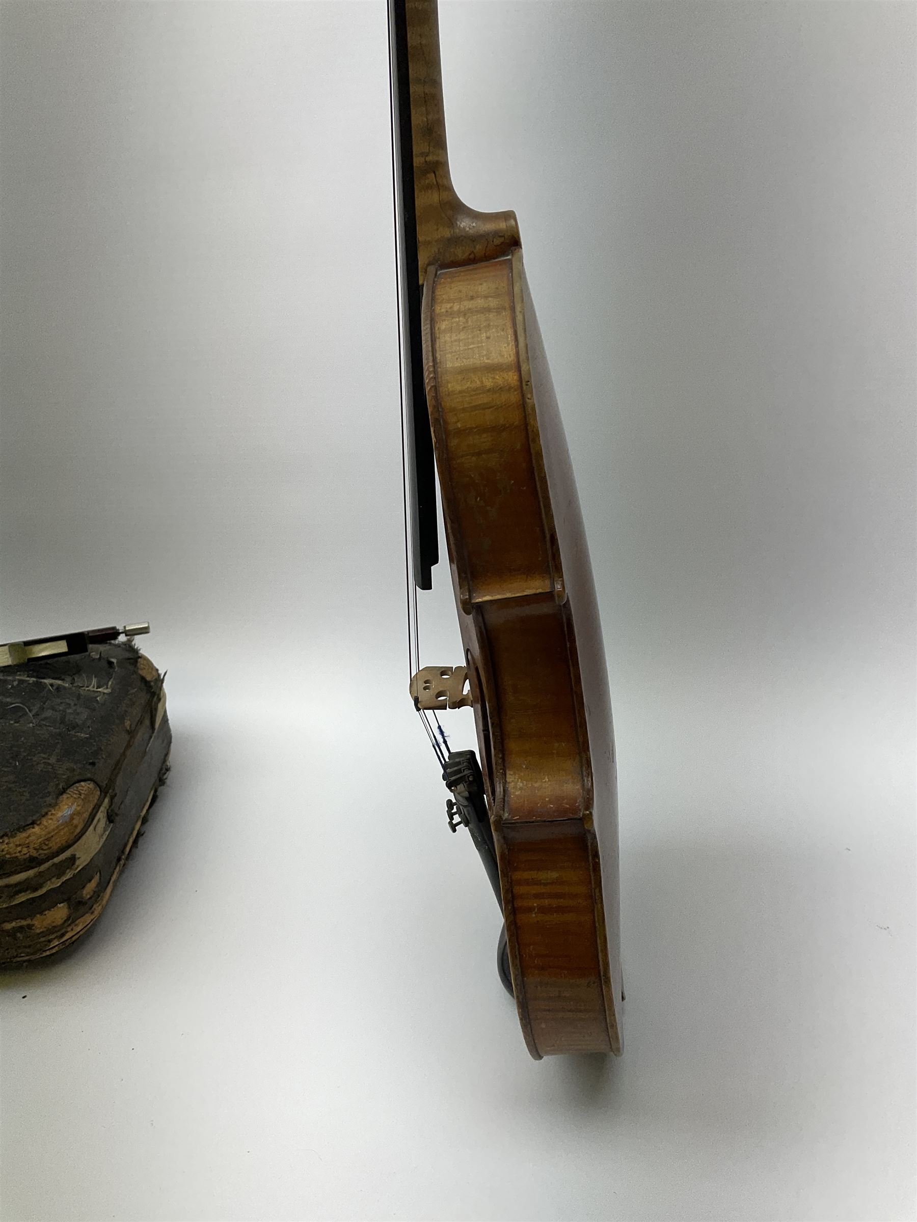 French Mirecourt violin c1920s with 36cm one-piece maple back and ribs and spruce top, labelled Jermone Thibouville-Lamy, L59cm, in fitted carrying case with German bow and 1984 valuation certificate by Frome Valley Music