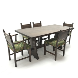 Refectory style oak dining table on shaped end supports jointed by stretcher (W168cm, H74cm, D82cm) and set (4+1) five early 20th century  dining chairs, carved solid splat, upholstered seat (W55cm)