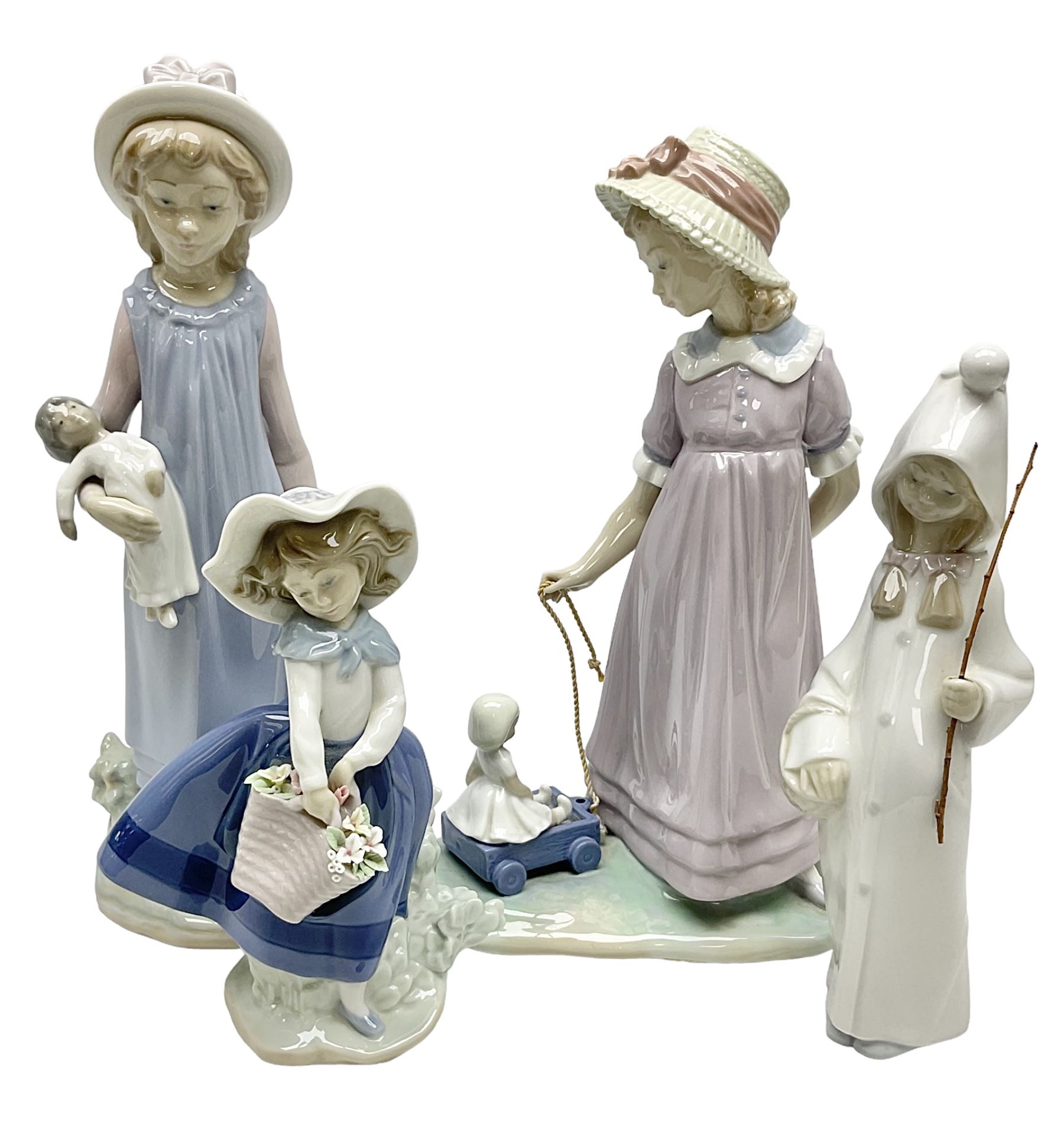 Four Lladro figures, comprising Pulling Dolls Carriage no 5044, Belinda with her Doll no 5045, Pretty Pickings no 5222 and Shepherdess with basket no 4678 