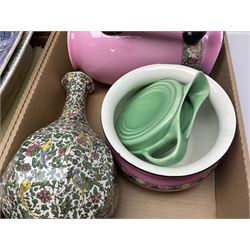 Blue and white meat platter and a similar blue and white meat draining plate, together with a pink ceramic floral jug and bowl, three packs of church candles and a wooden screen, etc 