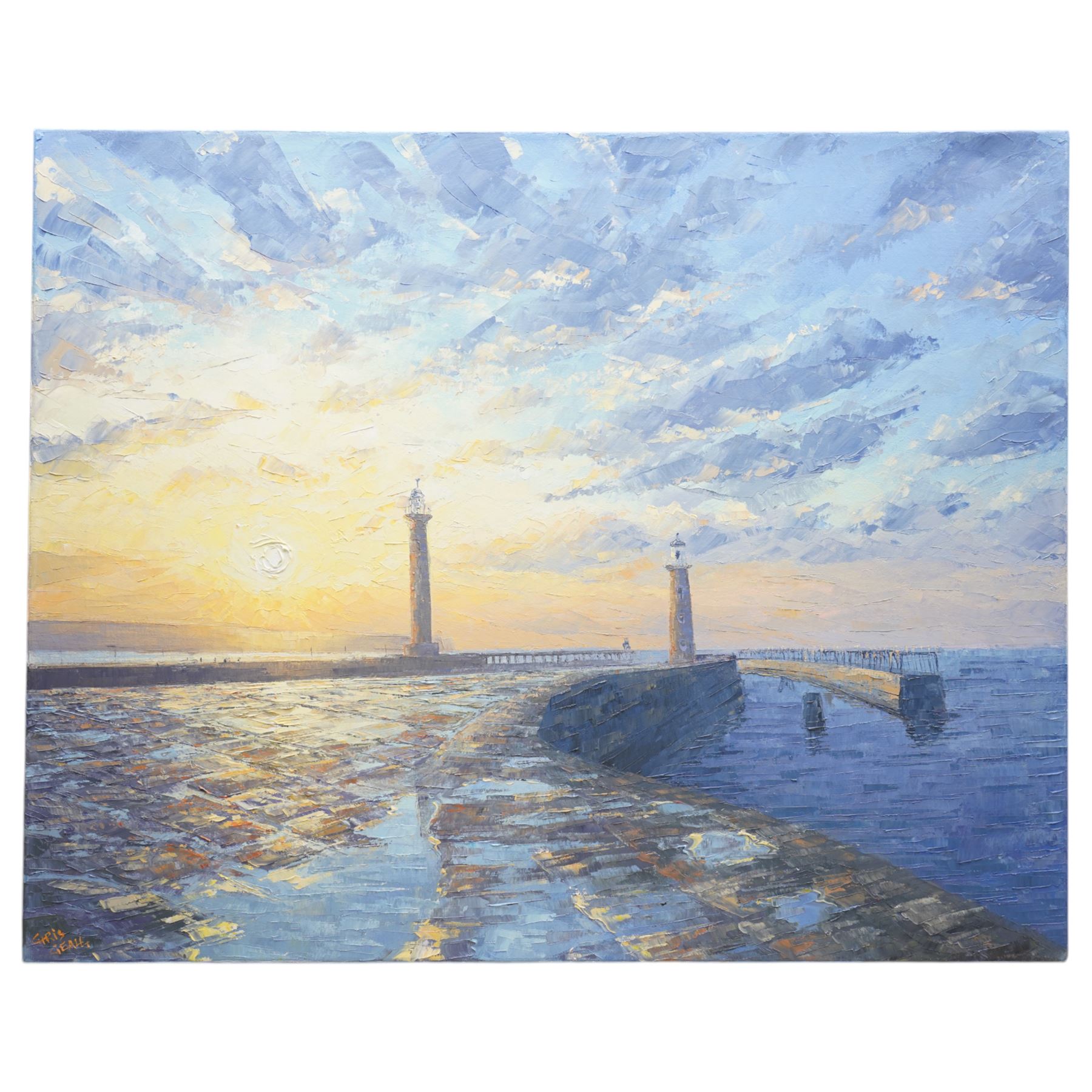 Chris Geall (British 1965-): Whitby Piers at Sunset, oil on canvas signed, inscribed and dated 2010 verso 61cm x 76cm (unframed)
