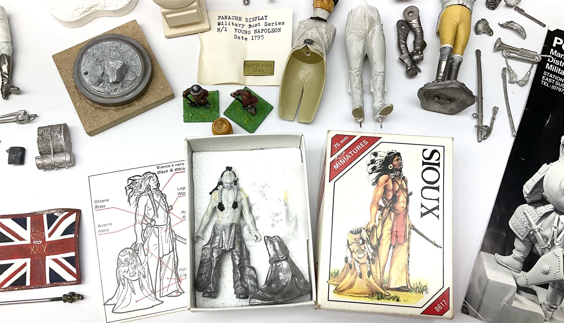 Quantity of cast metal figures and busts by Ceremonial Studios, Amati Miniatures etc including historical soldiers, American Native Indians etc predominantly in unmade/part constructed and unpainted kit form; together with associated accessories, wooden plinths etc; and boxed plastic soldiers