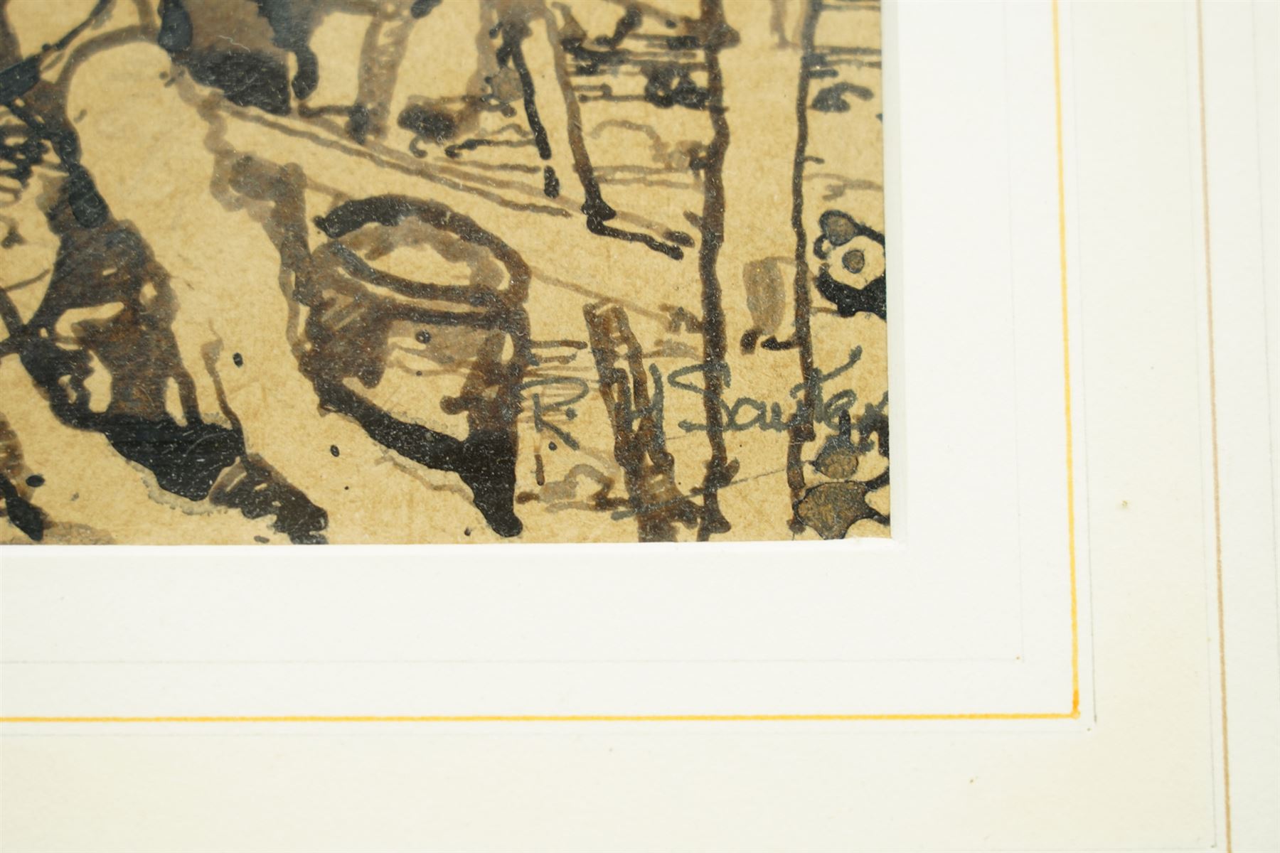 Rudolf Helmut Sauter (German 1895-1977): Barn Interior, ink on brown paper signed 22cm x 29cm