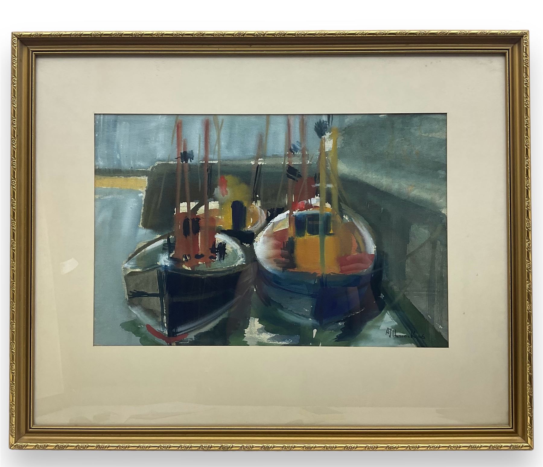 A J Hossack (British 20th Century): Moored Boats, gouache signed and dated '66, 34cm x 53cm  