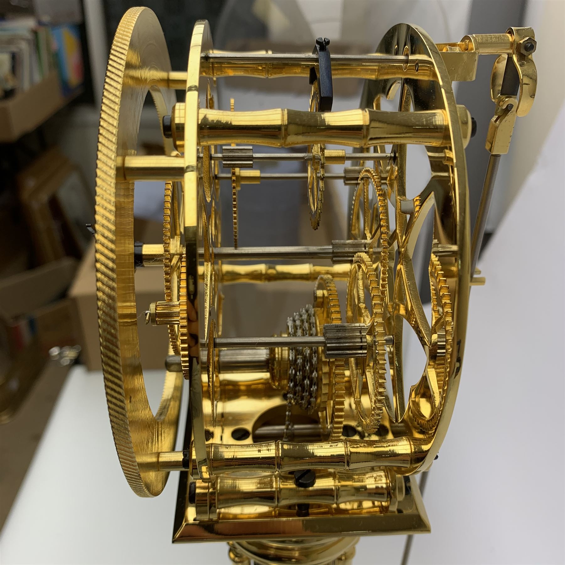After William Smith of Musselburgh - Contemporary brass skeleton clock, circular enamel Arabic chapter ring signed 'Wm Smith, Musselburgh Maker & Inventor', spring driven fusee movement, on stepped circular black marble base and under glass dome, H60cm (including dome) 