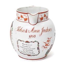 19th century Staffordshire pearlware jug, dated 1810 and inscribed with owners John & Ann Jackson, one side transfer printed with Tony Philpot, verse 'When this you see, Remember me, And keep me in your mind, Let all the World, Say what they will, Speak of me as you find', and opposing side with God speed the Plough motifs, H16.5cm 